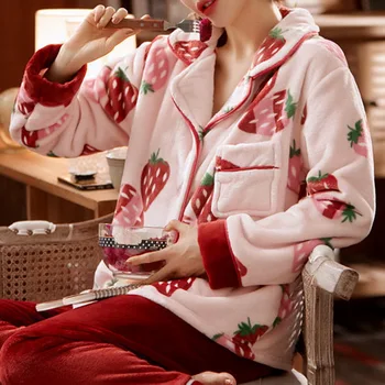 Rudenį, Žiemą Šilta Flanelė Moterų Pižamos Rinkiniai Storio Koralų Pijamas Moterų Vilnos Pižama -žemyn Apykaklės, 2 dalių Kostiumą Moterų