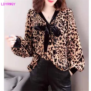 2020 m. pavasario ir vasaros naujų korėjos moterų prarasti didelio dydžio mados nėriniai lankas leopard žibintų rankovėmis marškinėliai temperamentą