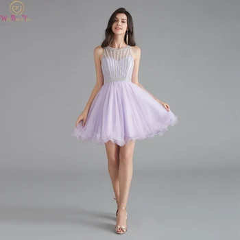 Šviesiai Violetinės Trumpas Prom Dresses 2019 Raudona O-Kaklo Kristalų Rankovių Mini Ilgio, Trumpas Oficialus Šalies Kokteilis Chalatai vestido de gala