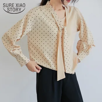 Rudenį Bangos Taško Spausdinti Kontrasto Spalvų Siūlėmis Marškinėliai Moterims ilgomis Rankovėmis Honkongo Stilių, peteliškę Elegantiškas V-kaklo, Palaidinės 6281 50