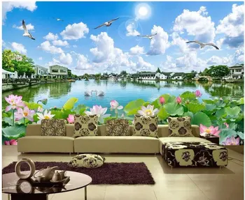 Didelių 3D Sienų Lipdukai gamta Pavasarį Ežero Kinų Stiliaus Meno Sienos Freskos Grindų Lipdukai, Kūrybinis Dizainas, Namų Deco
