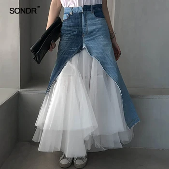 SONDR Pavasario 2019 naujas džinsinis hemlines su plisuotos akių sujungimas pasakų sijonai moterims pavasario/vasaros slidinėti sijonai