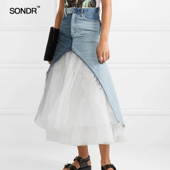 SONDR Pavasario 2019 naujas džinsinis hemlines su plisuotos akių sujungimas pasakų sijonai moterims pavasario/vasaros slidinėti sijonai