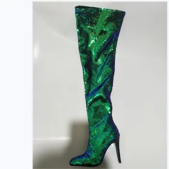 Batai,elegantiškas, gražus mados fluorescencinė žalia blizgučiais audiniu,11 cm aukštakulniai over-the-knee moterų batų DYDIS:34-45