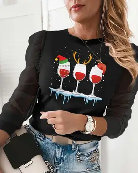 2020 Metų Moteris Rudenį, Pavasarį Elegantiškos Elegantiškas Kalėdų Eglutė Spausdinti Vien Akies Long Sleeve Top Apvalios Kaklo Blizgančiais Laišką Modelio Marškinėliai