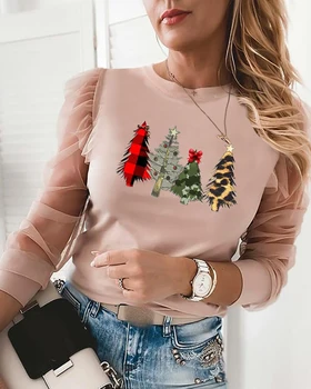 2020 Metų Moteris Rudenį, Pavasarį Elegantiškos Elegantiškas Kalėdų Eglutė Spausdinti Vien Akies Long Sleeve Top Apvalios Kaklo Blizgančiais Laišką Modelio Marškinėliai