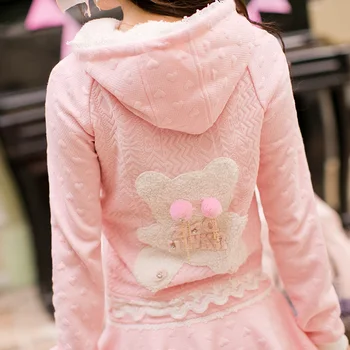 Princesė saldus rožinis vilnonis Švarkas Saldainių lietus Nėrinių apdaila pompoms su skrybėlę Padengti lipdukai kišenėje Saldus Japonų dizaino C16CD6180