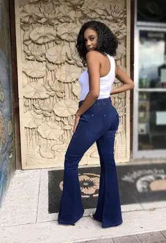 Moterų užsiliepsnojo kelnės su diržu, aukšta juosmens džinsai atsitiktinis kelnės moterų retro džinsinio užsiliepsnojo kelnės slim-fit džinsai karšto užsiliepsnojo kelnės