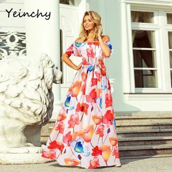 Yeinchy mada moterims vasaros Elastinga off pečių, trumpomis rankovėmis spausdinti suknelė su diržo paplūdimio maxi padalinta suknelė FM6044-2