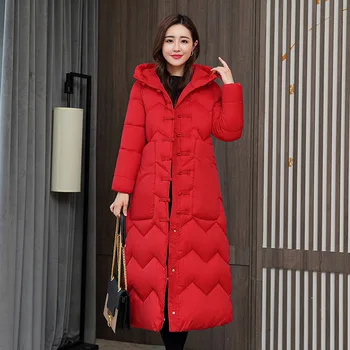 Kinų Stiliaus 2020 M. Žiemos Etninės Mados Siuvinėjimo Gobtuvu Vidutinio ilgio Žemyn Medvilnės Striukė Moterims, Šilta Medvilnė Striukė