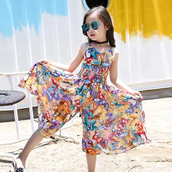 Mergaičių Suknelė Vasaros 2019 Diržas Gėlių Vaikai Pločio Kojų Jumpsuit Princesė Bohemijos Vaikų Suknelės Beach Paauglių Mergaičių Drabužius 4-14 Y