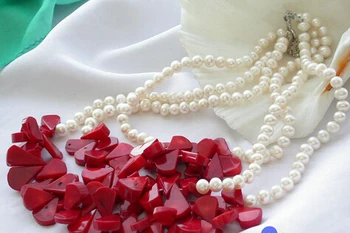 Huij 004788 3row baltos spalvos apvalių gėlavandenių perlų raudonos, koralų karoliai