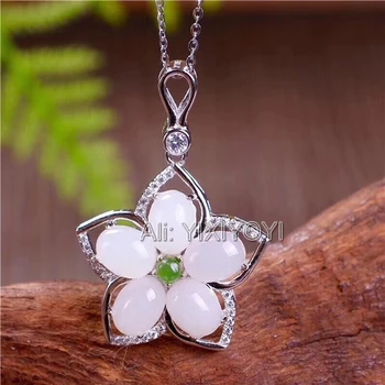 925 Sidabro Balta HeTian Jade Tuščiaviduriai Star Gėlių Stiliaus Lucky Pakabukas + Grandinės Karoliai Žavesio Moters Dovana Fine Jewelry