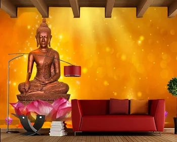 Budos statula vandens lotus oranžinės spalvos fone 3d tapetai papel de parede,svetainė, miegamojo sienos dokumentų namų dekoro freskos