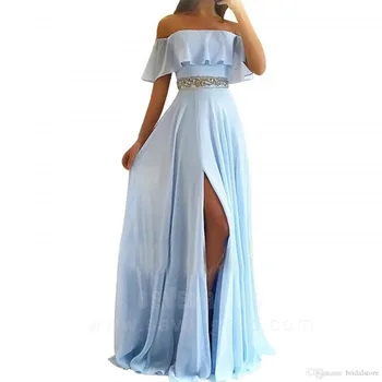 Paprasta Šviesiai mėlynos spalvos Ilgą Šifono Prom dresses linija padalinta nuo peties Prom dresses moterims, Elegantiška vakaro drabužiai