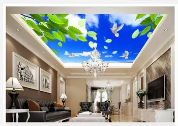 3d lubų freskomis tapetai Namų Puošybai Mėlynas dangus ir žalia lapų balandžiai lubų freskomis, dangų, lubų tapetai