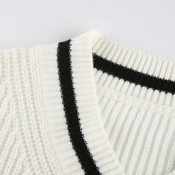 Mados Moterų Rudenį Dryžuotas Megztinis V-kaklo Džemperis Trikotažas Atsitiktinis Gatvės Komplektus Prarasti Puloveriai Baltas Megztas Viršūnės