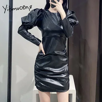Yitimuceng 2020 nauja rudens žiemos PU suknelė sluoksniuotos ilgomis rankovėmis mini juoda suknelė kartus elegantiška vintage suknelės street bodycon suknelė
