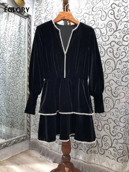Aksomo Suknelė 2020 M. Rudens Žiemos Taku Stiliaus Moterų V-Kaklo Kristalų Duobute Deco Domino Pynimas Ilgomis Rankovėmis Juodas Veliūras Suknelė