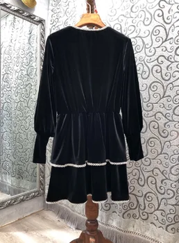 Aksomo Suknelė 2020 M. Rudens Žiemos Taku Stiliaus Moterų V-Kaklo Kristalų Duobute Deco Domino Pynimas Ilgomis Rankovėmis Juodas Veliūras Suknelė
