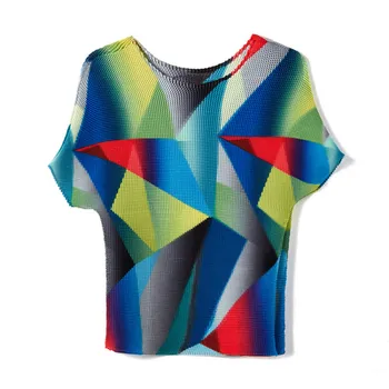 Marškinėliai Moterims Vasaros 2020 Naujas Mados Spausdinti Apvalios Kaklo Trumpas Rankovėmis Slim Stretch Miyake Klostuotas Trumpas Viršūnes Dvipusis Dėvėti