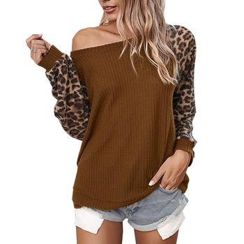 Moterų Marškinėliai Kratinys Leopard Print Long Sleeve Shirt O-kaklo Puloveriai Trikotažas Rudenį Ponios Viršų