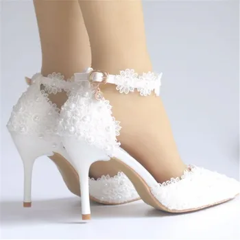 Plius dydis moterų bateliai balti nėriniai aukšti kulniukai vestuves batai saldus saldus nurodė, vestuviniai bateliai, individualaus avalynė