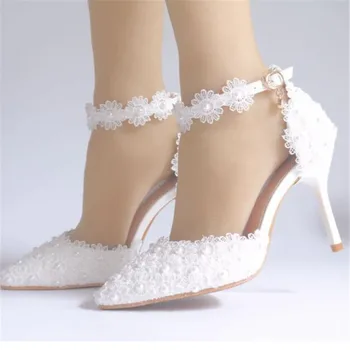 Plius dydis moterų bateliai balti nėriniai aukšti kulniukai vestuves batai saldus saldus nurodė, vestuviniai bateliai, individualaus avalynė