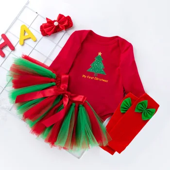 Naujagimio Kalėdų drabužius pirmą kalėdų przybornik vaivorykštė tutu sijonas lankelis 4pcs/rinkiniai dovanų naujus gimė mergaitė kūdikių drabužių rinkinys
