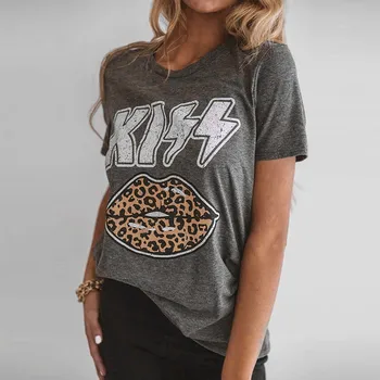 Harajuku Moteris Tshirts Trumpas Rankovės Leopard Lūpų Spausdinti Apvalios Kaklo T-Shirt Marškinėliai, Plius Dydis Derliaus футболки