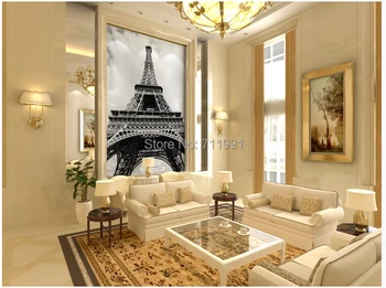 Paryžiaus Bokštas Paryžiuje, juodos ir baltos spalvos tapetai užsakymą dekoracijos, studijų miegamojo kambarį, TV foną, freskos stereoskopinis 3D