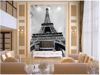 Paryžiaus Bokštas Paryžiuje, juodos ir baltos spalvos tapetai užsakymą dekoracijos, studijų miegamojo kambarį, TV foną, freskos stereoskopinis 3D