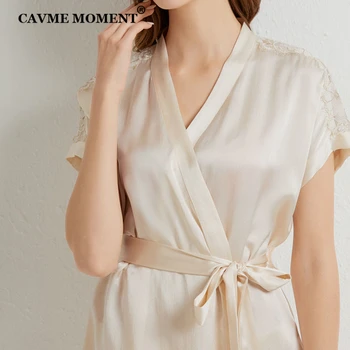 CAVME Elegantiškas Nėrinių Nekilnojamojo Šilko Pajama Komplektai Moterų Ponios Prabangos Sleepwear 2 Gabalus V-Kaklo, naktiniai drabužiai Ivy vientisos Spalvos