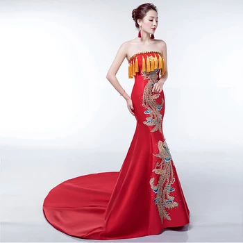 Prabanga Slim Seksualus Undinė Vakaro Suknelės Derliaus Aukštos klasės Siuvinėjimo Raudona Gėlė Qipao Kinijos Vestuvių Suknelė Cheongsam Moterims