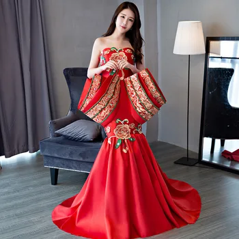 Prabanga Slim Seksualus Undinė Vakaro Suknelės Derliaus Aukštos klasės Siuvinėjimo Raudona Gėlė Qipao Kinijos Vestuvių Suknelė Cheongsam Moterims