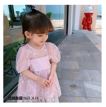 Merginos nėrinių suknelė 2019 m. vasarą naujų trumpas rankovės princesė suknelė šalis atostogų suknelė vaikams drabužių vaikiška suknelė 3-10Y ws851