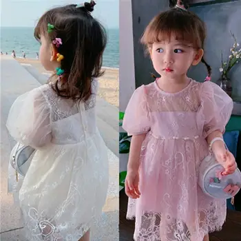 Merginos nėrinių suknelė 2019 m. vasarą naujų trumpas rankovės princesė suknelė šalis atostogų suknelė vaikams drabužių vaikiška suknelė 3-10Y ws851