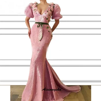 Rožinės spalvos vakarinę Suknelę Gėlių Diržo Undinė vestidos largos Islamo Dubajus Elegantiškas Ilgas Vakare Gown Prom Dress