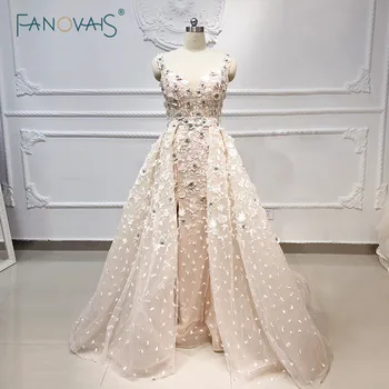 Šviesos Šampano Undinė vakarinę Suknelę Ilgai Nėrinių Diržas Gėlių Kristalų Zawalcowany Prom Dress 