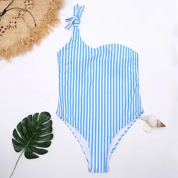 2018 Mėlyna Vertikalus Spausdinti Bikini maudymosi kostiumėlis su Vieno Peties Seksualus Suvaržymas maudymosi kostiumėlį