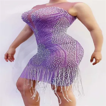 R72 Seksuali moteriška violetinė etape kostiumai pole dance cirkonio suknelė dainininkas atlikti crytsal kutas elastinga klubo sijonas diskoteka nešioja