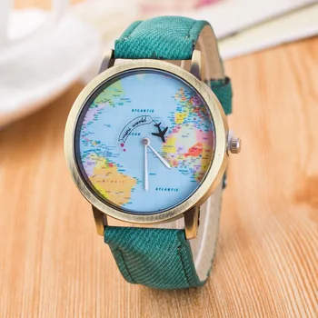 Zegarek damski lėktuvu Pasaulio Kelionių Žemėlapį Žiūrėti Reloj mujer Mados Atsitiktinis Džinsinio Audinio moterų Suknelė Sporto Kvarciniai laikrodžiai часы