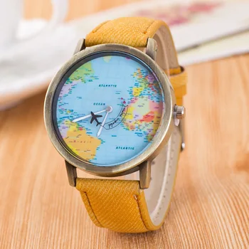 Zegarek damski lėktuvu Pasaulio Kelionių Žemėlapį Žiūrėti Reloj mujer Mados Atsitiktinis Džinsinio Audinio moterų Suknelė Sporto Kvarciniai laikrodžiai часы