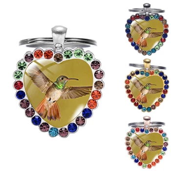 CHSXY Elegantiškas Hummingbird Keychain Širdies Formos Stiklo Cabochon Pakabukas Raktų Žiedas Mažai Gyvūnų, Paukščių Key Chain Moterų Papuošalai