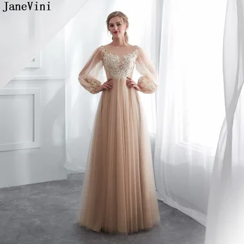 JaneVini 2018 Elegantiškas Bridesmaid Dresses Šampano Ilgomis Rankovėmis Linijos, Nėriniai Appliques Užtrauktukas Atgal Moterims Oficialų Tiulio Prom Chalatai