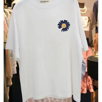 MISSKY Moterų marškinėlius Balta Spalva Vasaros Trumpas Rankovės Marškinėliai apvalia Kaklo Spausdinti Daisy T-shirt Moterų Viršūnių Naujas 2020 m.
