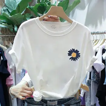 MISSKY Moterų marškinėlius Balta Spalva Vasaros Trumpas Rankovės Marškinėliai apvalia Kaklo Spausdinti Daisy T-shirt Moterų Viršūnių Naujas 2020 m.