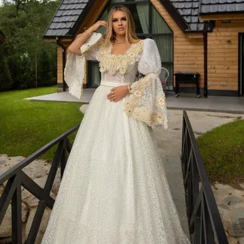 Elegantiškas Tradicinių Kosovo Baltos vakarinės Suknelės ilgomis Rankovėmis vestidos formales Aplikacijos Promenadzie Suknelė, Šaliai, skraistės de soirée 2021