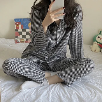 Moterų Pižama Nustatyti Korėjos Pledas Merginos Mielas Rudens Žiemos Ilgos Rankovės Laisvalaikio Medvilnės Sleepwear Prarasti Naktiniai Drabužiai Homewear Kostiumas