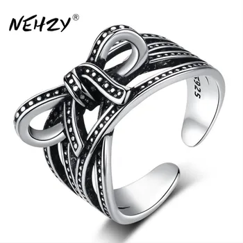 NEHZY 925 sterlingas sidabro naujų papuošalų naujų moteris žiedas retro tuščiaviduriai juoda angos dydis reguliuojamas Tailando sidabro vyras lankas žiedas